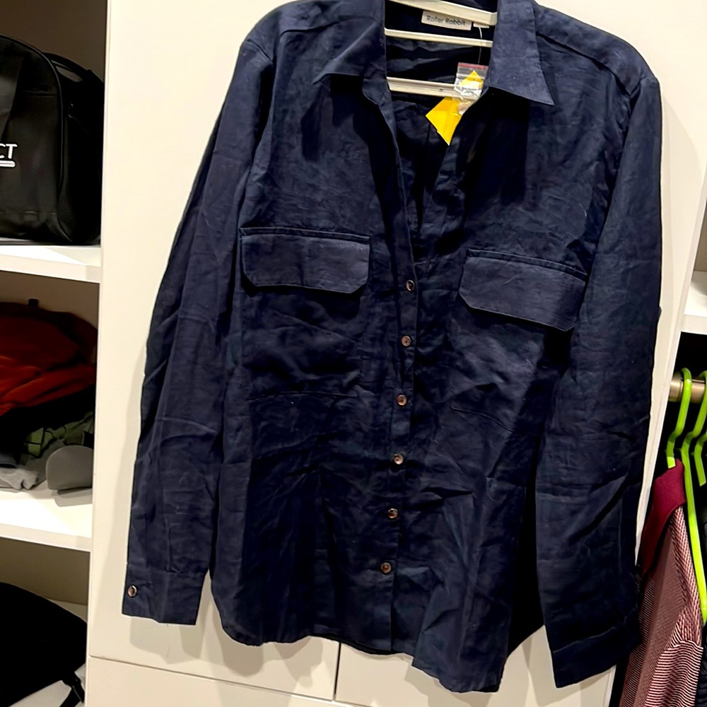 NWT Roller Rabbit size L Navy/dark blue linen blouse